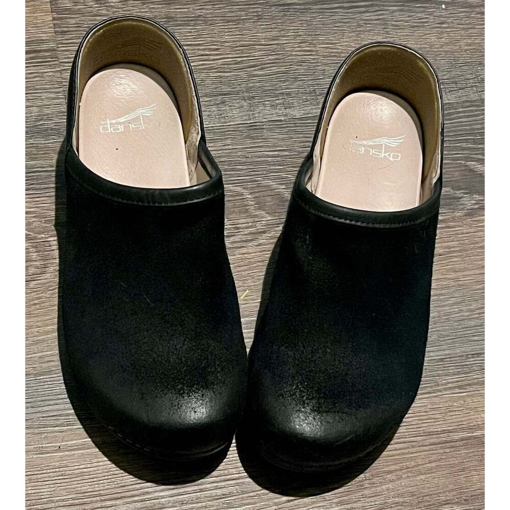 Dansko Brenna Black Burnished Suede Clogs Shoes Slip On Size 36 Comfort